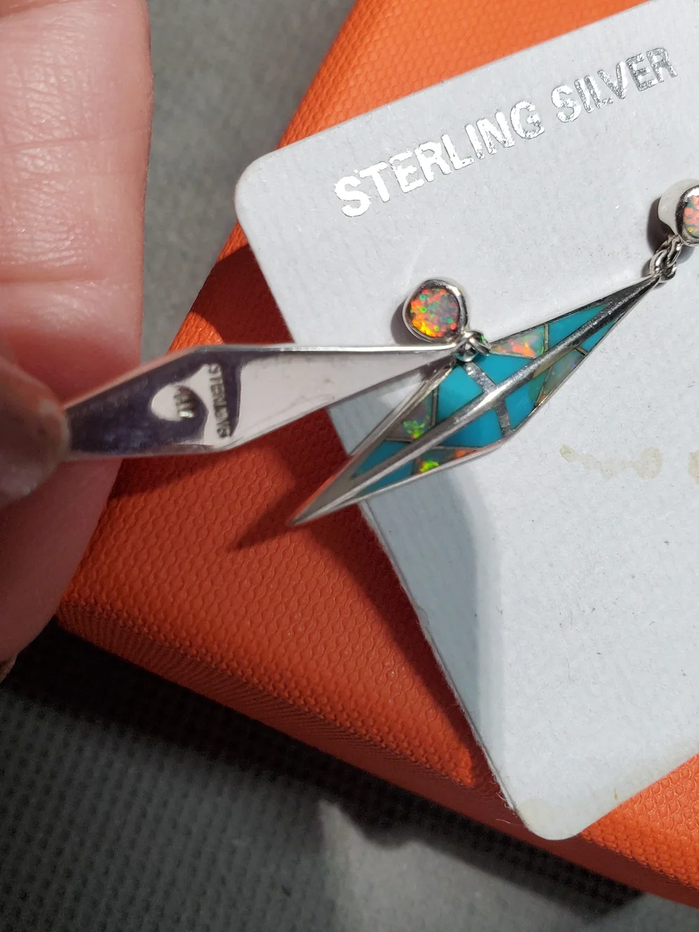 Native Alvin Vandever Sterling Silver Turquoise Fire Opal Inlay Dangle Earrings